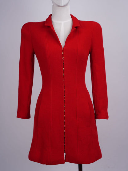 Chanel Vintage Red Jacket  Dress with Gold CC Logo Button Details FR 38