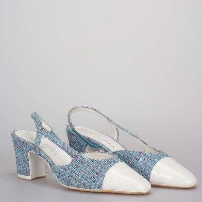 Chanel tweed slingback Tiffany blue pumps 38