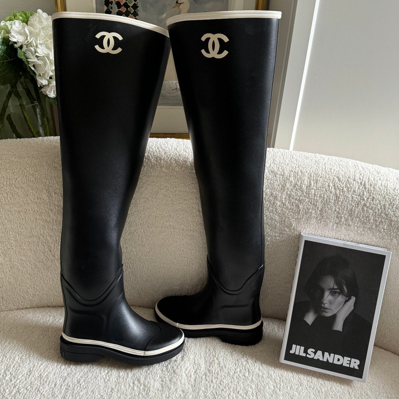 Chanel rubber over the knee boots in black and white with CC logo 36 Limited Edition