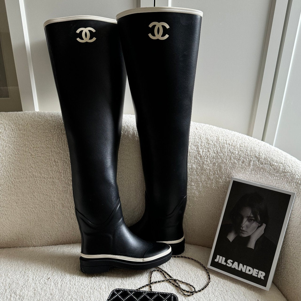 Chanel rubber over the knee boots in black and white with CC logo 36 Limited Edition