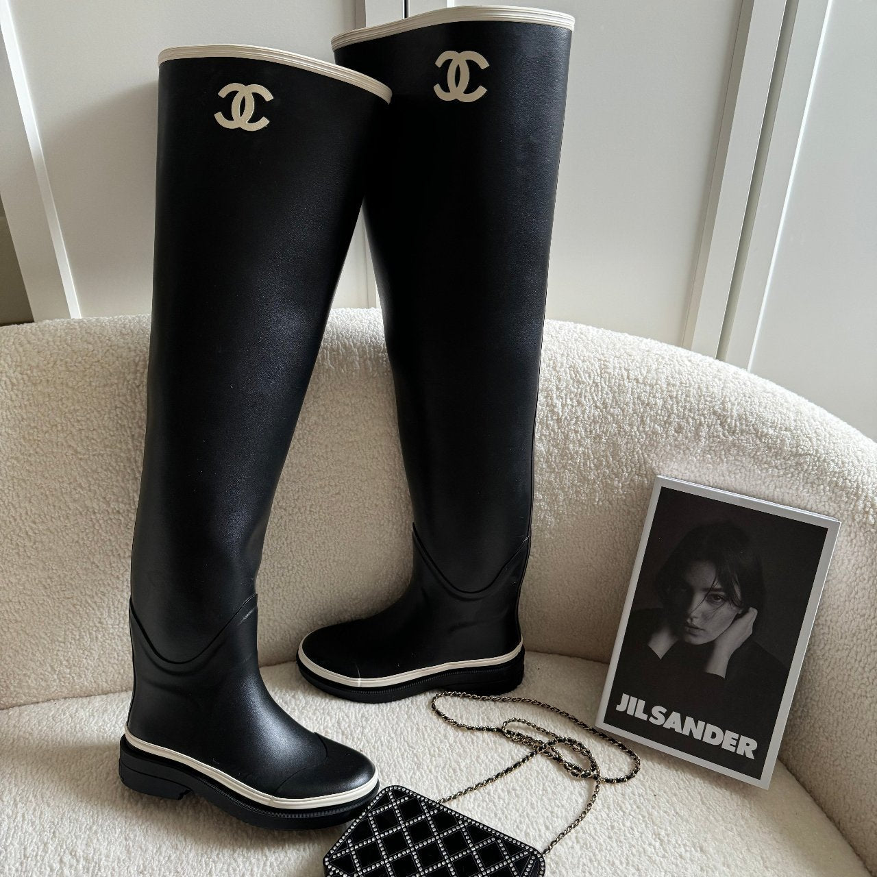 Chanel rubber over the knee boots in black and white with CC logo 36 Limited Edition