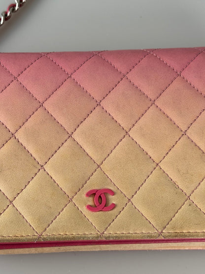 Chanel Faded Lambskin Quilted Zephyr Wallet on Chain WOC Dark Pink