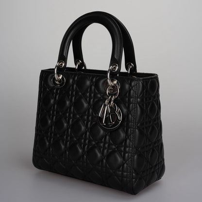 Christian Dior Black Medium Lady Dior Bag in Cannage Lambskin Leather with Silver Hardware