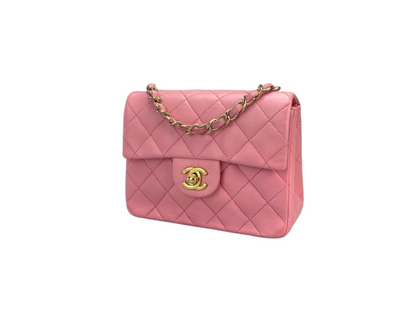 Chanel Vintage  Rose Pink Classic Mini Square Flap Bag in Lambskin  with Gold Hardware