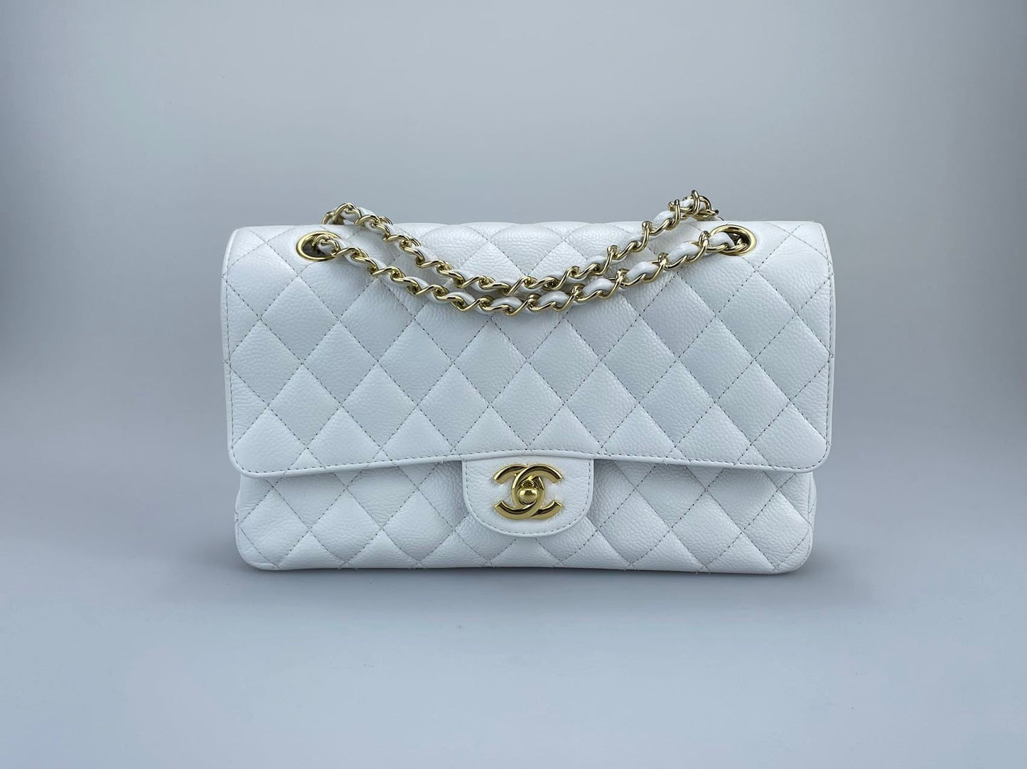 Chanel Medium White Classic Flap Bag in Caviar Leather with Gold Hardware