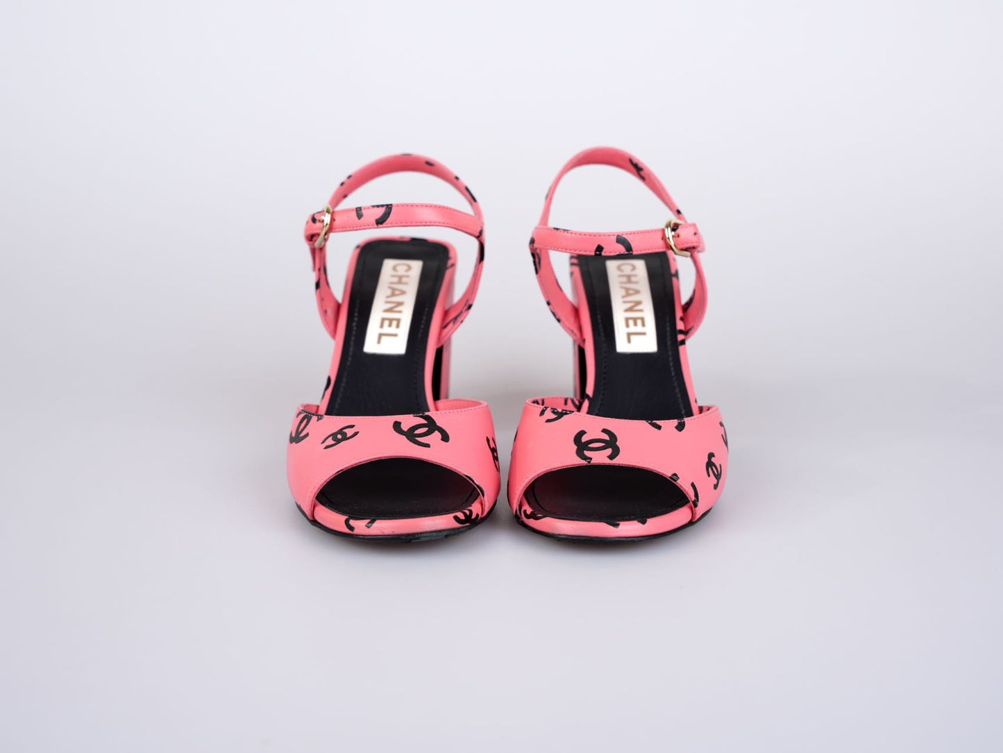 Chanel Printed Lambskin Coco Beach Sandals Pink Black Size 38.5