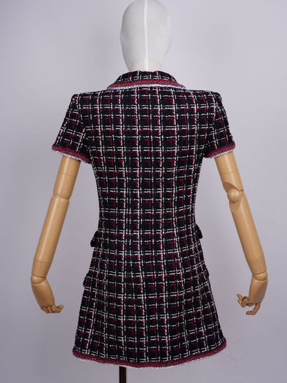 Chanel Checkered Tweed Short Sleeve Mini Dress Size 36 in Blue/Red