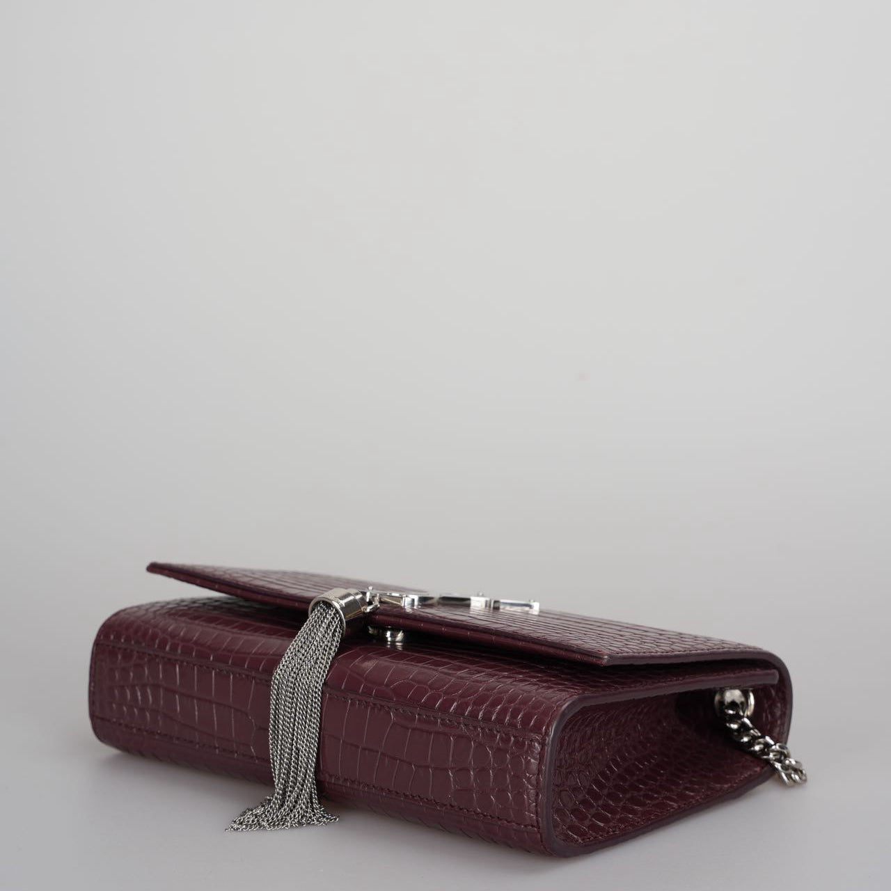 Saint Laurent Small Classic Monogram Kate Tassel Satchel Calfskin Crocodile Embossed Burgundy