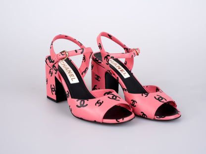 Chanel Printed Lambskin Coco Beach Sandals Pink Black Size 38.5