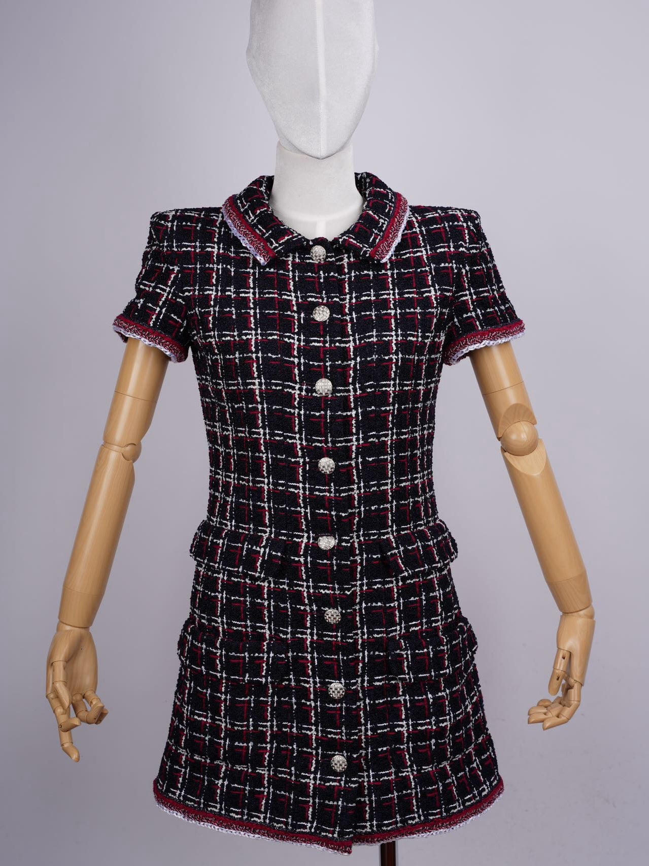 Chanel Checkered Tweed Short Sleeve Mini Dress Size 36 in Blue/Red