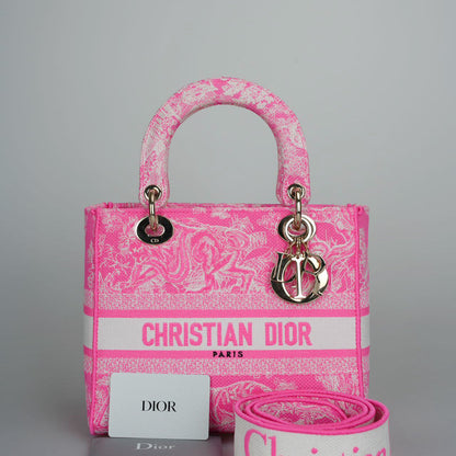 Christian Dior Canvas Toile De Jouy Reverse Embroidered Medium Lady D-Lite in Fluorescent Pink