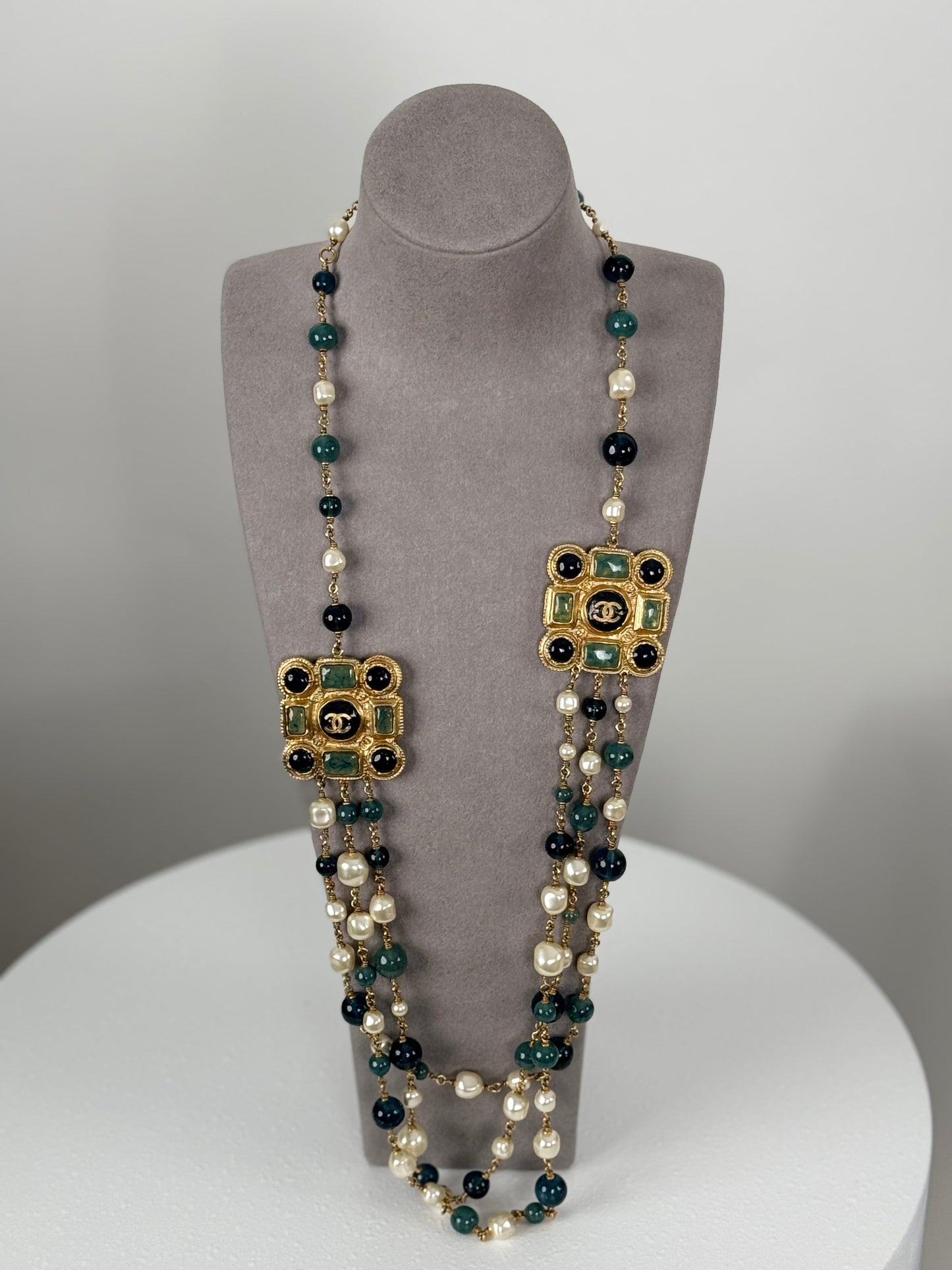 Chanel Blue and White Multi-Beads with Two Gold Cabochons Necklace from 2011 collection