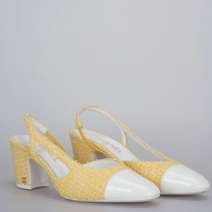 Chanel tweed slingback 39 light yellow pumps with CC logo