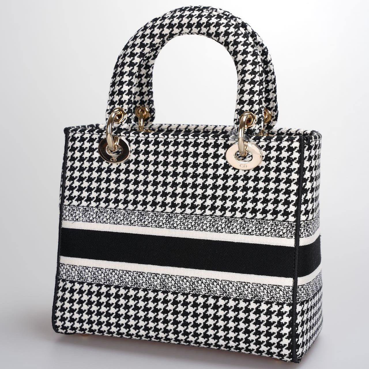 Christian Dior Black White Houndstooth Canvas Medium Lady D-Lite bag