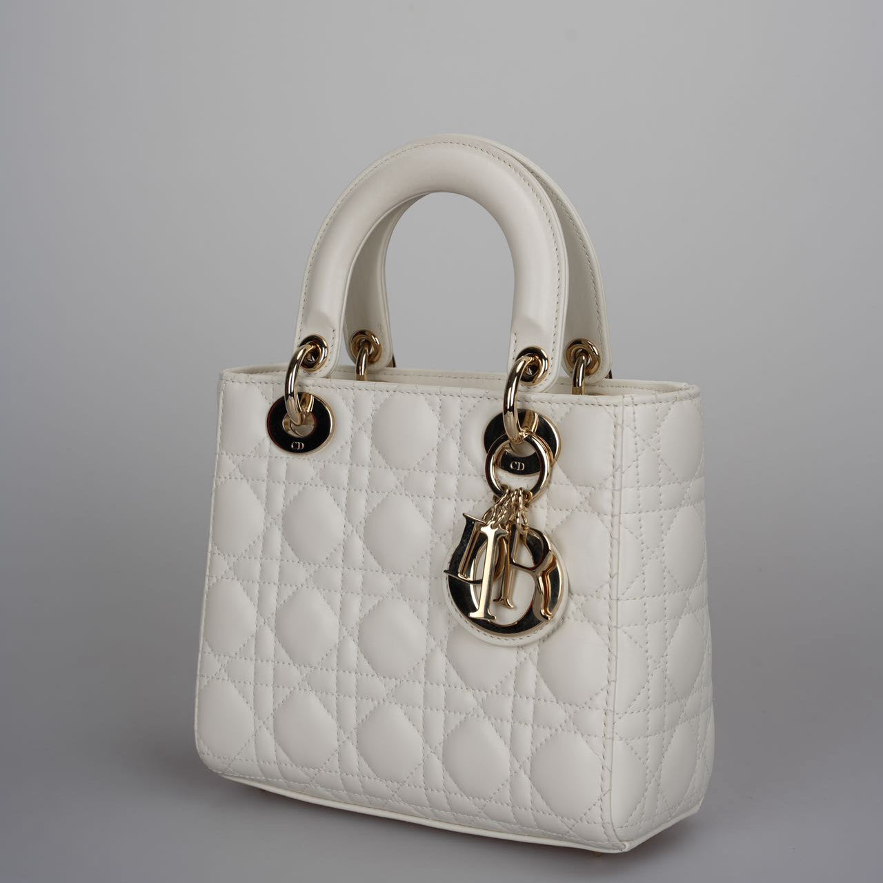 Christian Dior White Small Lady Dior Bag in Cannage Lambskin Leather with Gold Hardware 2020