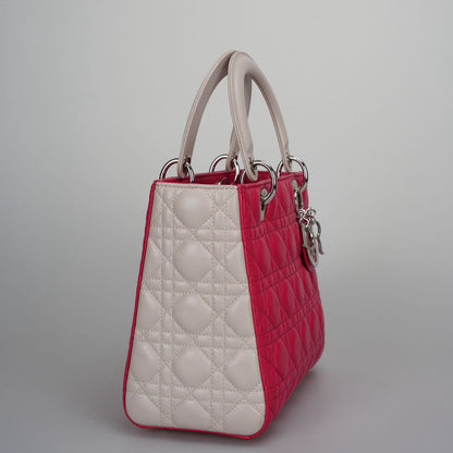 Christian Dior Lady Dior Bag Cannage Medium Hand Bag Lamb Skin Red White