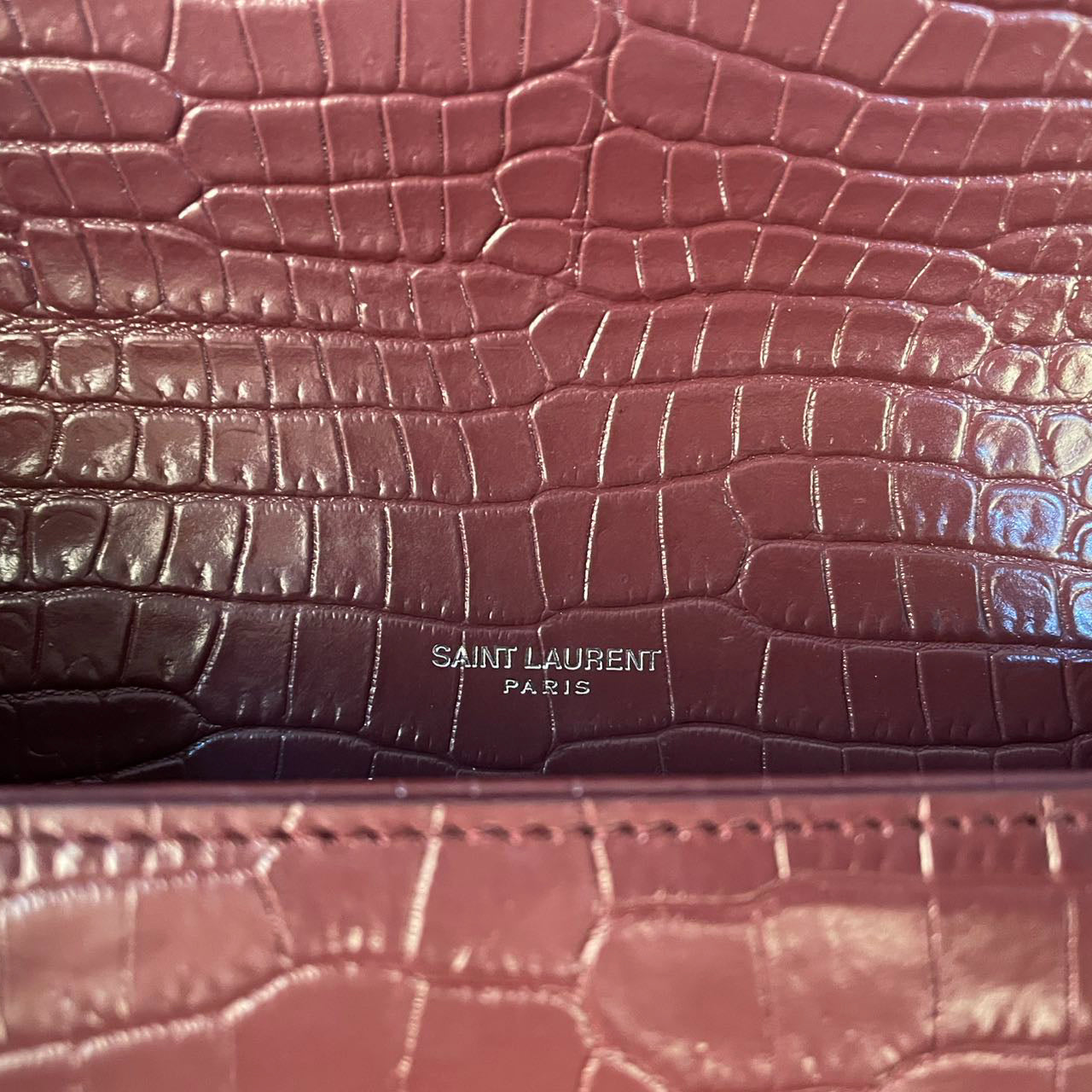 Saint Laurent Small Classic Monogram Kate Tassel Satchel Calfskin Crocodile Embossed Burgundy