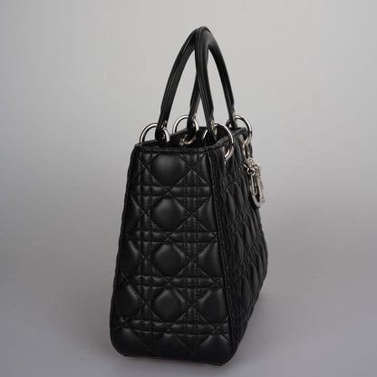 Christian Dior Black Medium Lady Dior Bag in Cannage Lambskin Leather with Silver Hardware