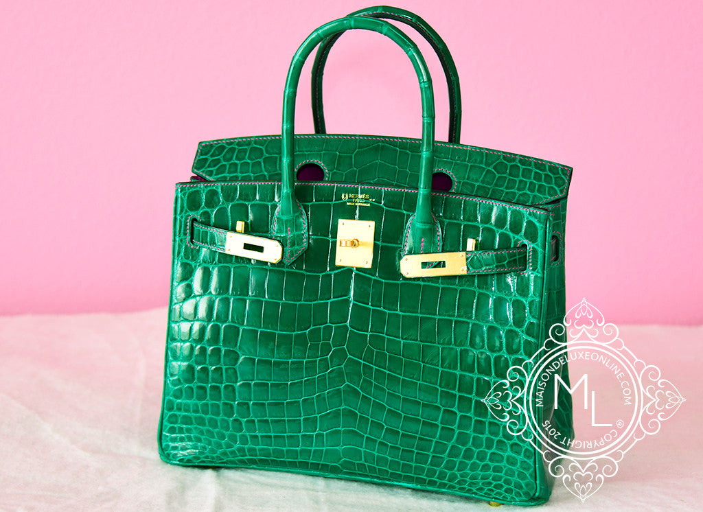 Hermes Vert Emerald Emeraude + Fuchsia Crocodile Bicolor Birkin 30 Handbag