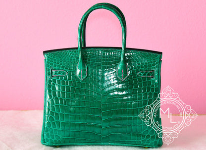 Hermes Vert Emerald Emeraude + Fuchsia Crocodile Bicolor Birkin 30 Handbag