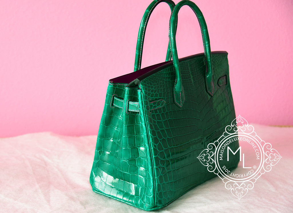 Hermes Vert Emerald Emeraude + Fuchsia Crocodile Bicolor Birkin 30 Handbag