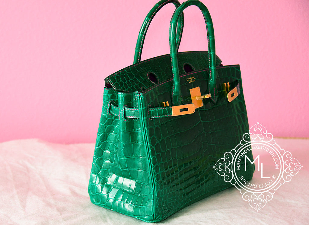 Hermes Vert Emerald Emeraude + Fuchsia Crocodile Bicolor Birkin 30 Handbag