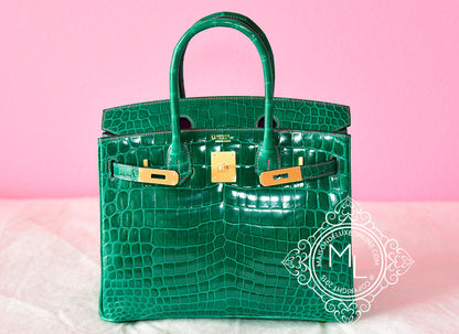 Hermes Vert Emerald Emeraude + Fuchsia Crocodile Bicolor Birkin 30 Handbag