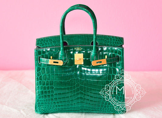 Hermes Vert Emerald Emeraude + Fuchsia Crocodile Bicolor Birkin 30 Handbag