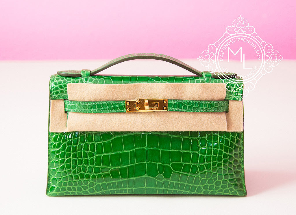 Hermes Cactus GHW Crocodile Mini Kelly Pochette Clutch