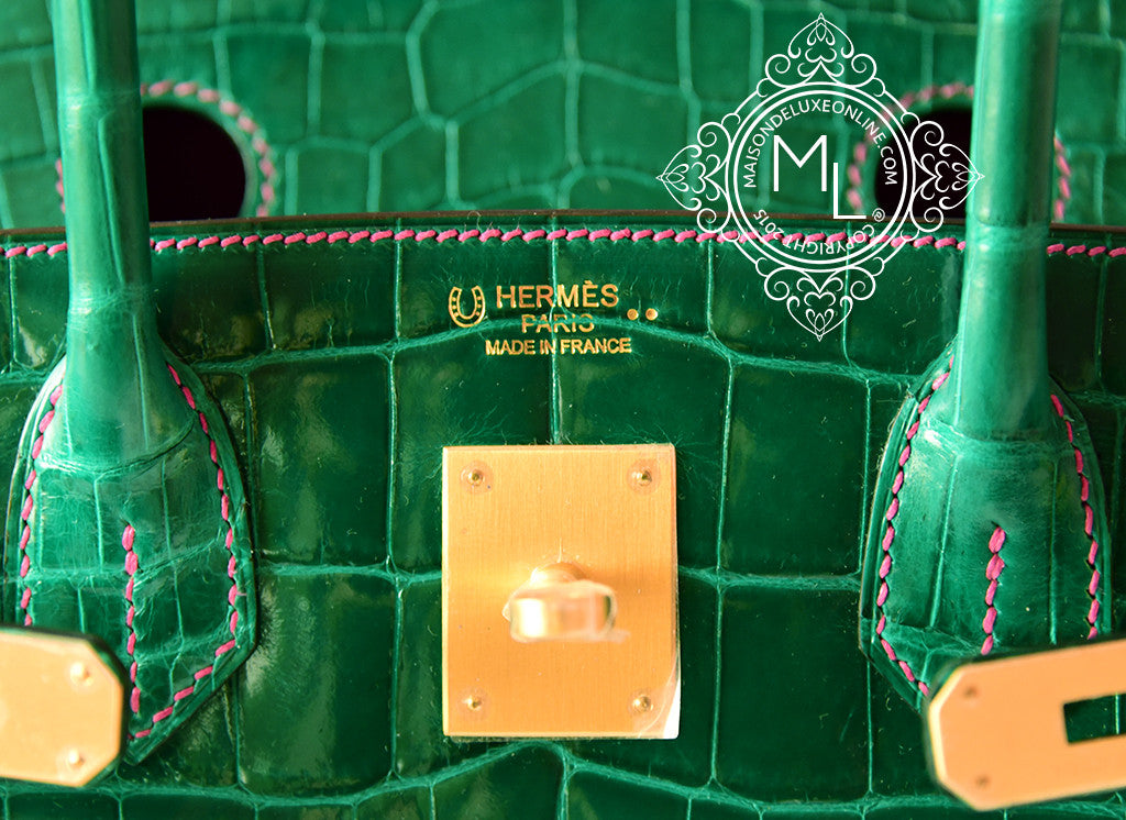 Hermes Vert Emerald Emeraude + Fuchsia Crocodile Bicolor Birkin 30 Handbag