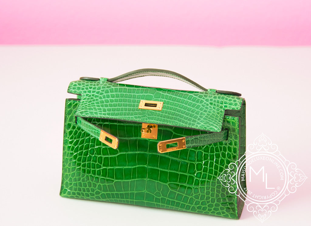 Hermes Cactus GHW Crocodile Mini Kelly Pochette Clutch