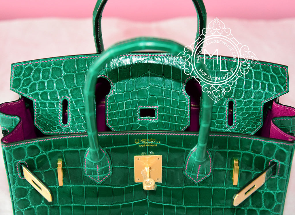 Hermes Vert Emerald Emeraude + Fuchsia Crocodile Bicolor Birkin 30 Handbag