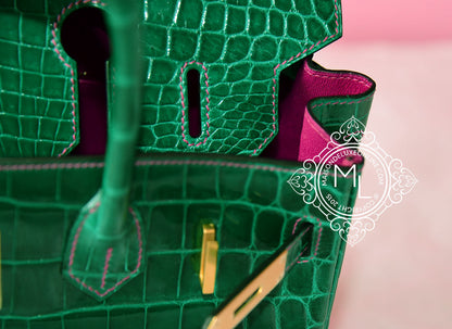 Hermes Vert Emerald Emeraude + Fuchsia Crocodile Bicolor Birkin 30 Handbag