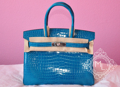 Hermes Blue Izmir Turquoise Porosus Crocodile Birkin 30 Bag