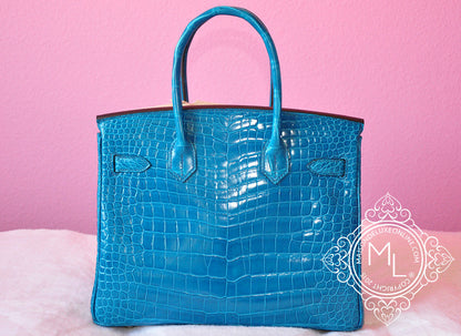 Hermes Blue Izmir Turquoise Porosus Crocodile Birkin 30 Bag