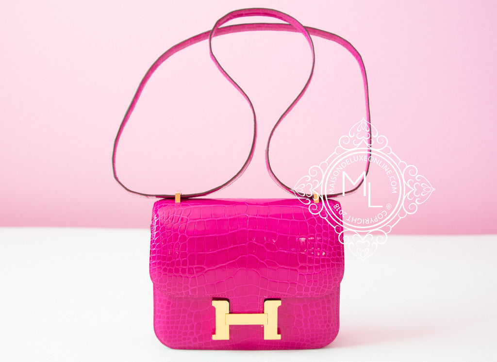 Hermes Constance Mini 18 Rose Scheherazade Crocodile Handbag