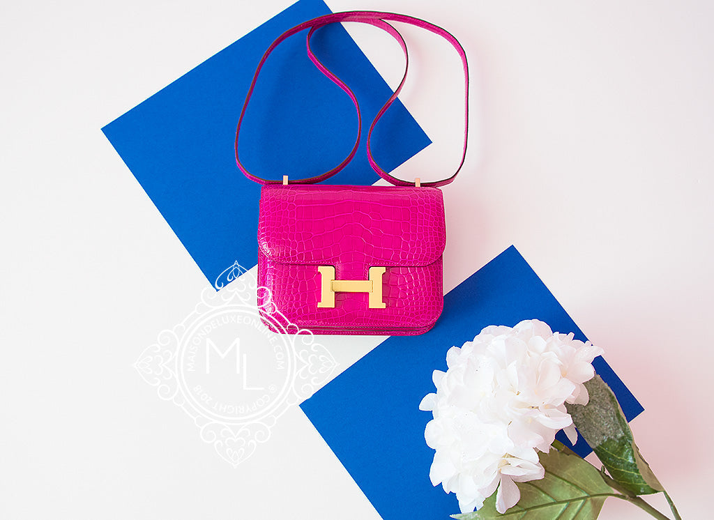 Hermes Constance Mini 18 Rose Scheherazade Crocodile Handbag