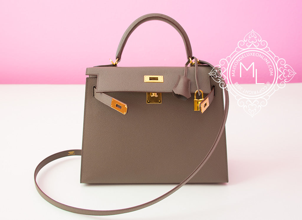 Hermes Gray Etain GHW Sellier Epsom Kelly 28 Handbag