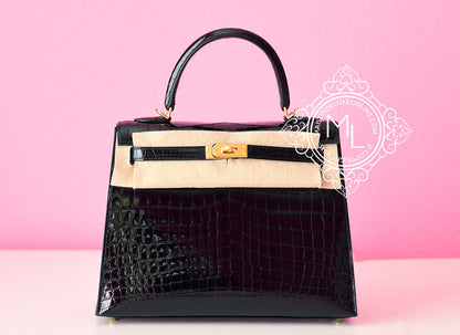 Hermes Noir Black Sellier Crocodile Kelly 25 Handbag