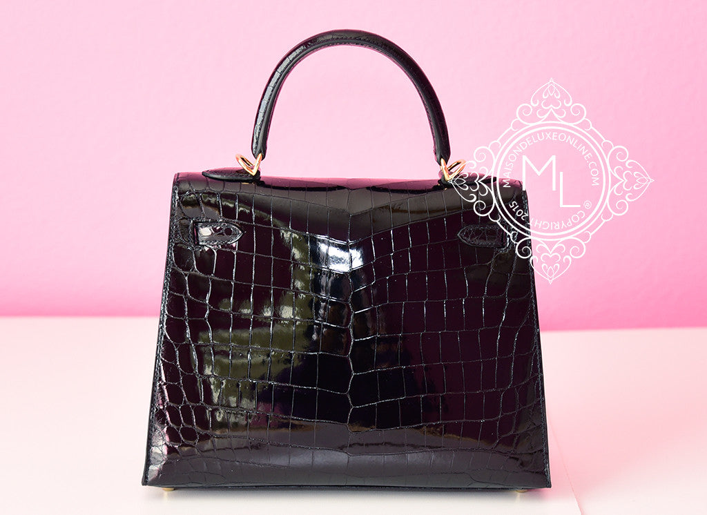 Hermes Noir Black Sellier Crocodile Kelly 25 Handbag