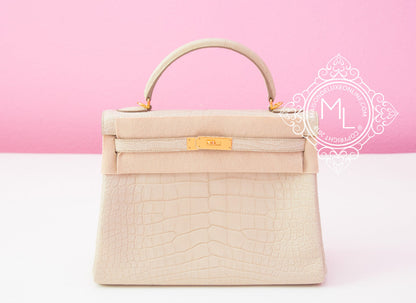 Hermes Beton White Matte Crocodile Kelly 32 Handbag