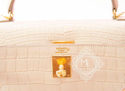 Hermes Beton White Matte Crocodile Kelly 32 Handbag