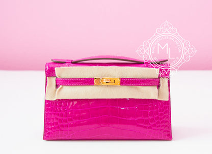 Hermes Rose Scheherazade Crocodile Mini Kelly Pochette Clutch