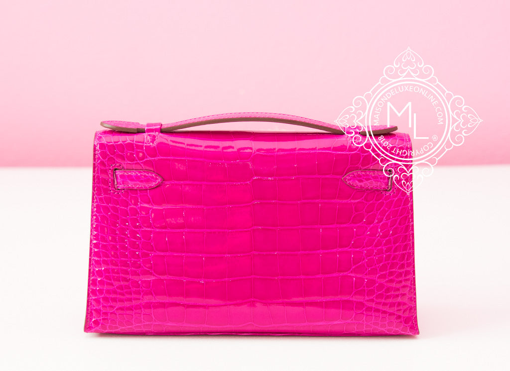 Hermes Rose Scheherazade Crocodile Mini Kelly Pochette Clutch