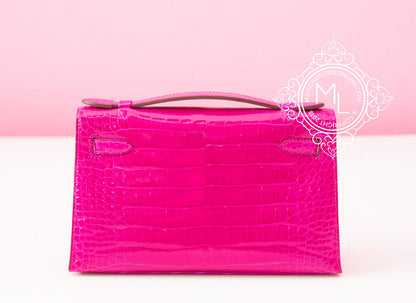 Hermes Rose Scheherazade Crocodile Mini Kelly Pochette Clutch