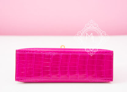 Hermes Rose Scheherazade Crocodile Mini Kelly Pochette Clutch