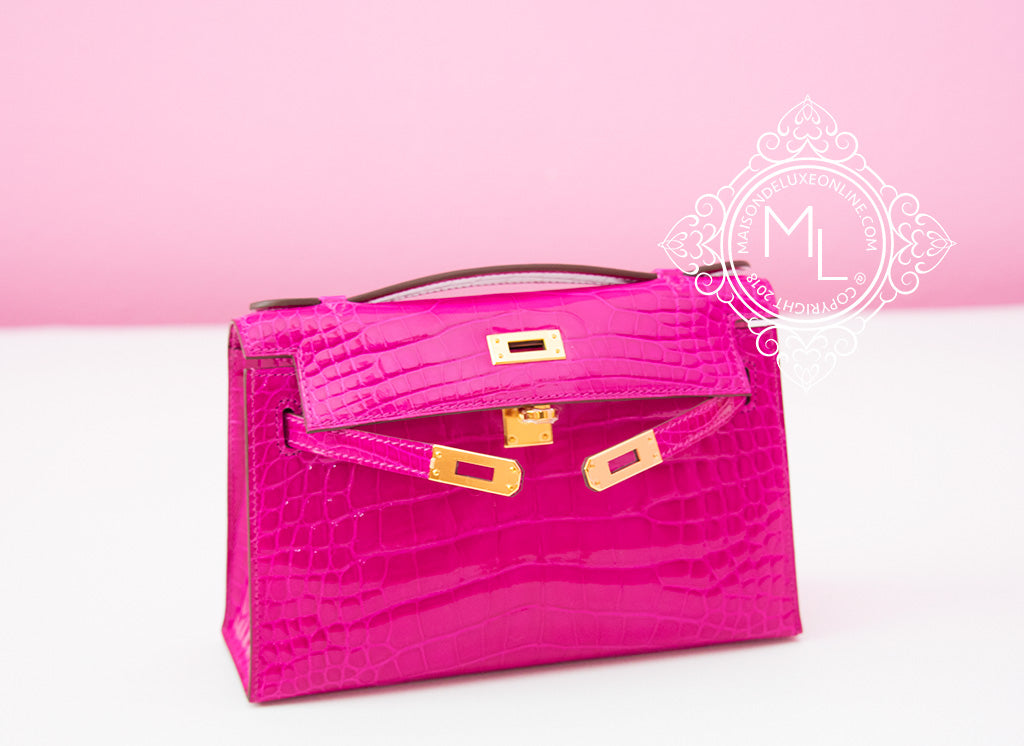 Hermes Rose Scheherazade Crocodile Mini Kelly Pochette Clutch