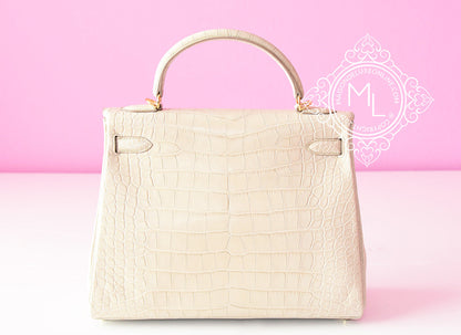 Hermes Beton White GHW Matte Crocodile Kelly 32 Handbag