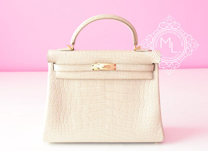 Hermes Beton White GHW Matte Crocodile Kelly 32 Handbag