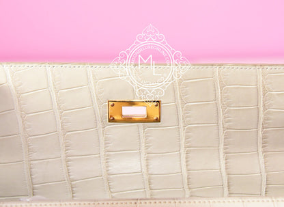 Hermes Beton White GHW Matte Crocodile Kelly 32 Handbag